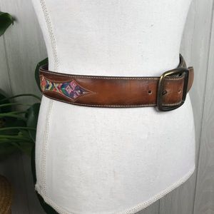 Latigo Leather Belt Handstained Embroidered Detailing Colorful Bohemian Vintage